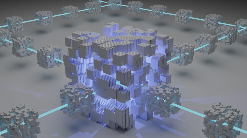 Render geométrico em gradiente roxo ilustrando o aplicativo financeiro Camada Pagamentos